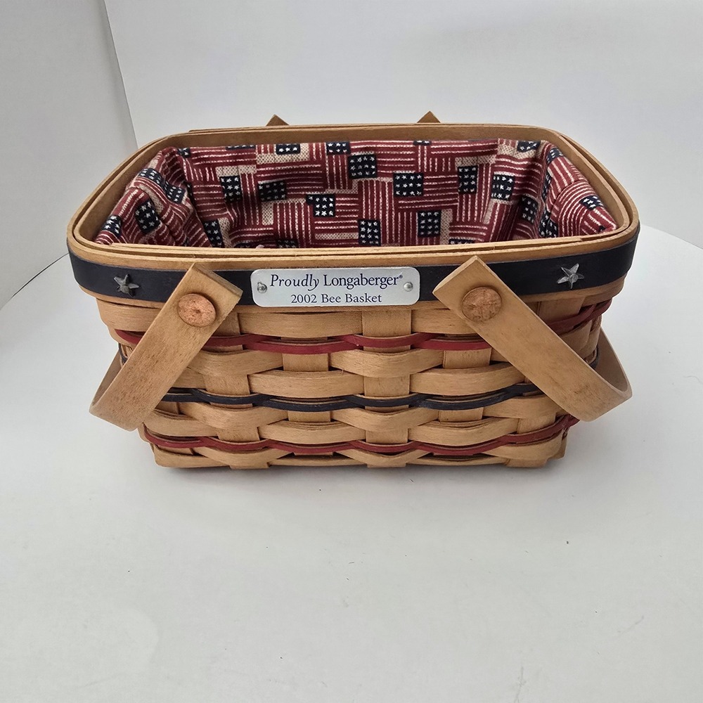 Longaberger 2002 Bee Basket Old Glory Drawstring Liner Family Signatures